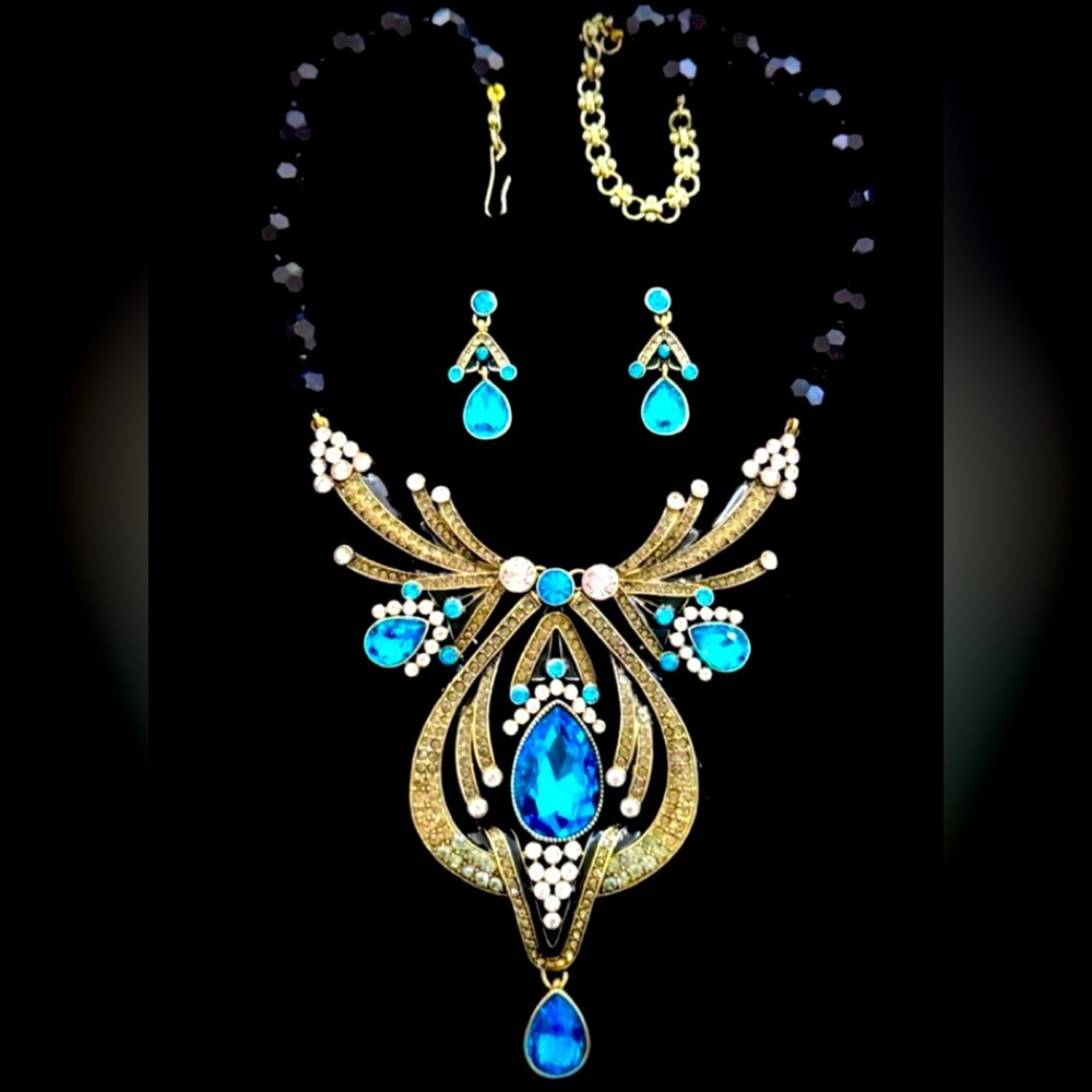 Heidi Daus “ Draped In Disco” Elegant Blue and Gold Necklace And Earrings SET